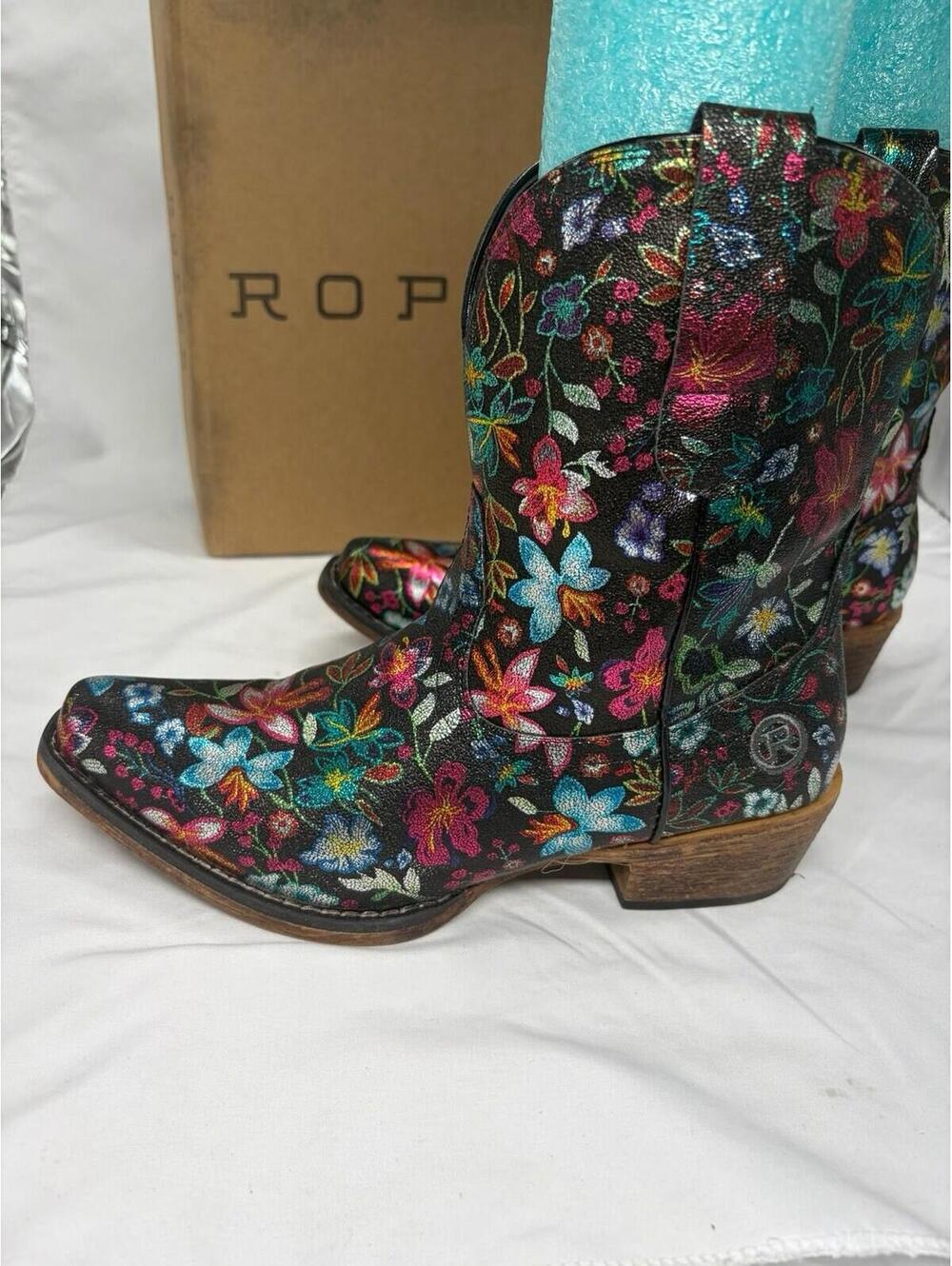 Roper Ingrid Floral Metallic Snip Toe Cowboy Booties Womens Multi Casual Boots 9